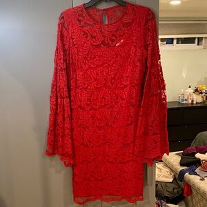 New York & Company Vibrant Red Lace Long Sleeve Dress